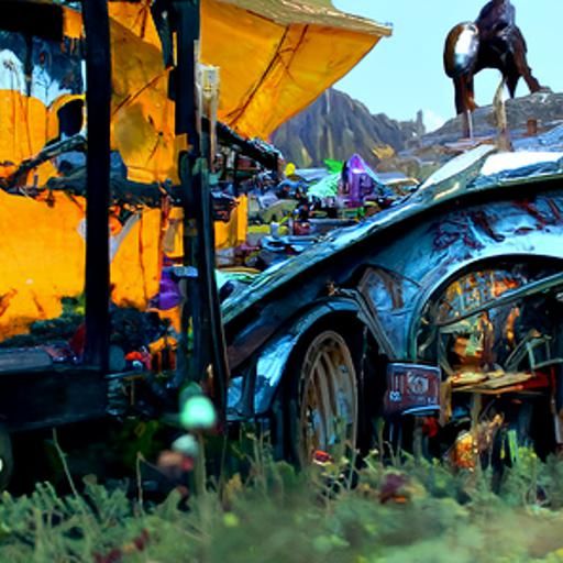 Dark Fantasy Trading Post with Junk Cars