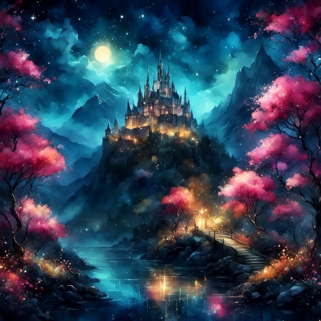 Dreamy Castle Under Starry Night Sky