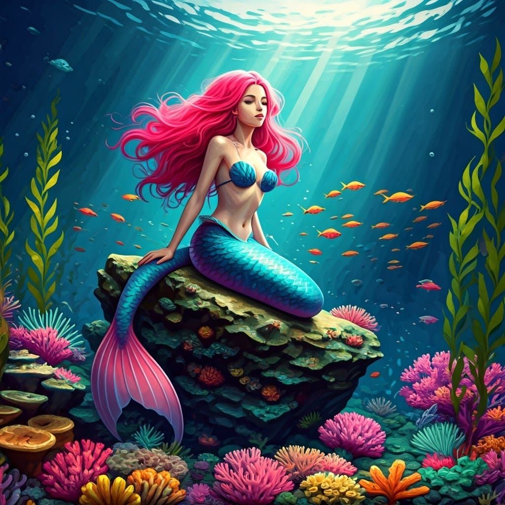 Pink-Haired Mermaid on Coral Reef, Digital Art