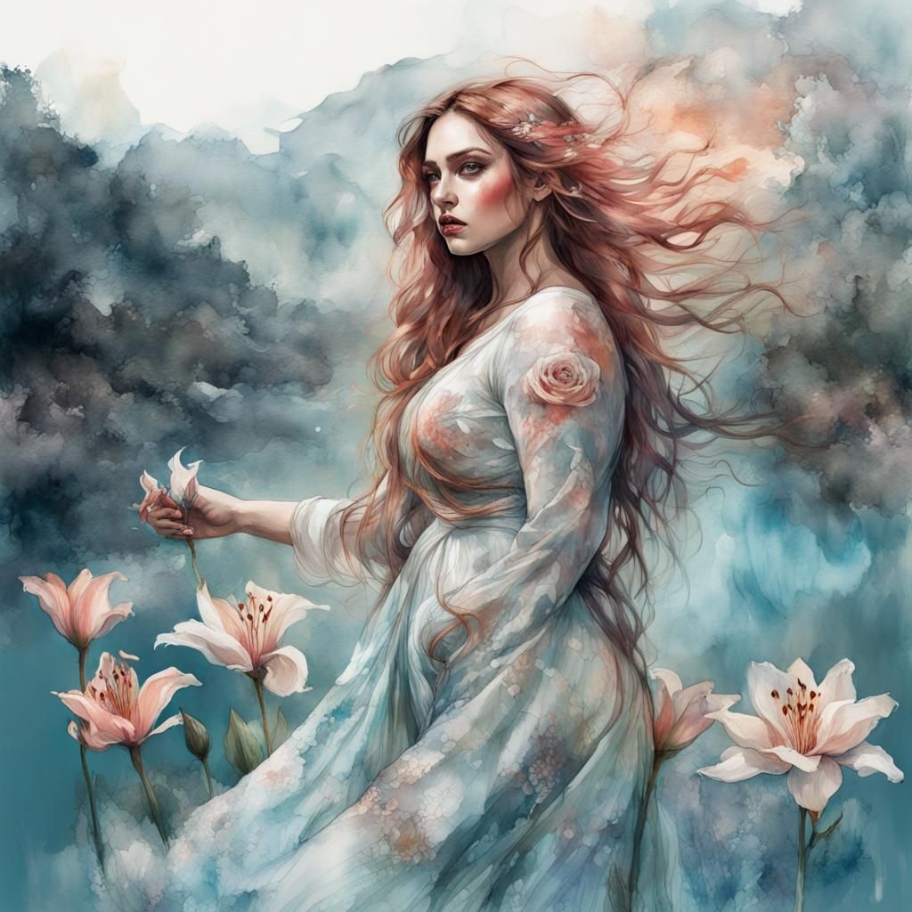 Fantasy Woman with Lily in Watercolor Landscape