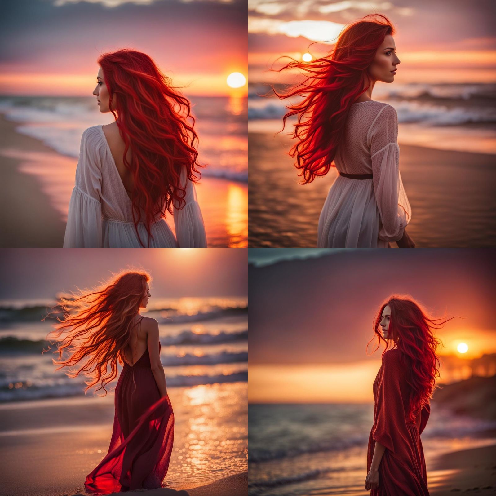 Ethereal Beach Scene with Red-Haired Woman
