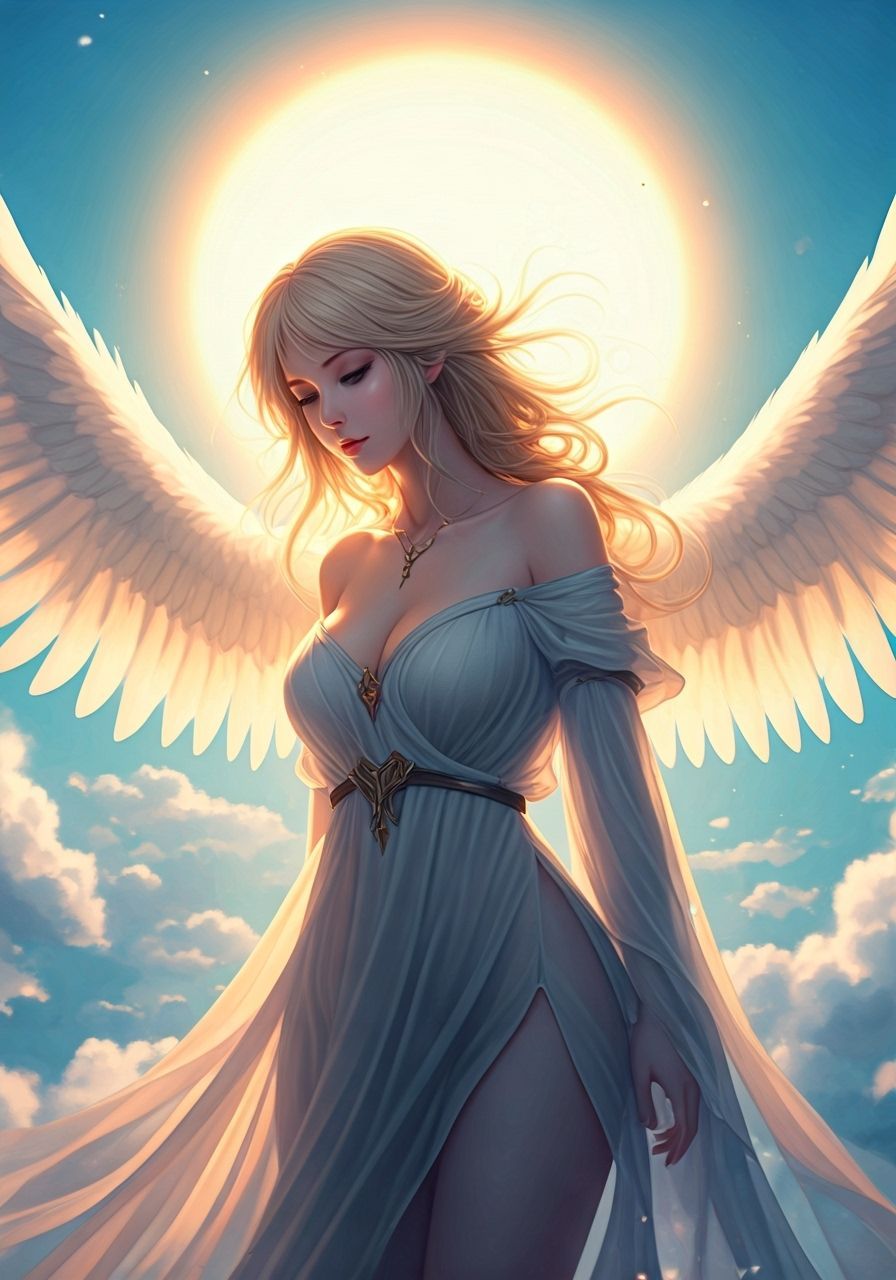 Angel in a serene blue sky with wispy clouds