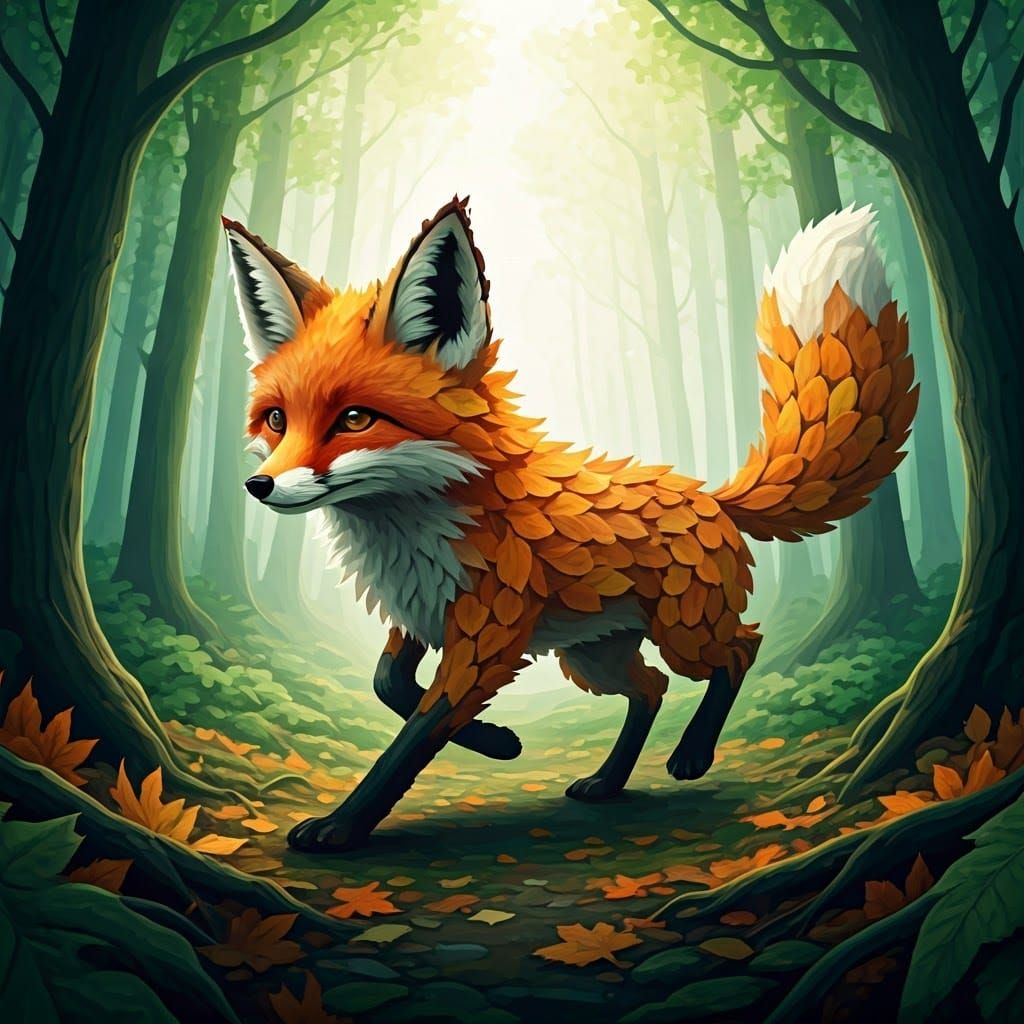 Autumn Leaf Fox in Watercolor Style