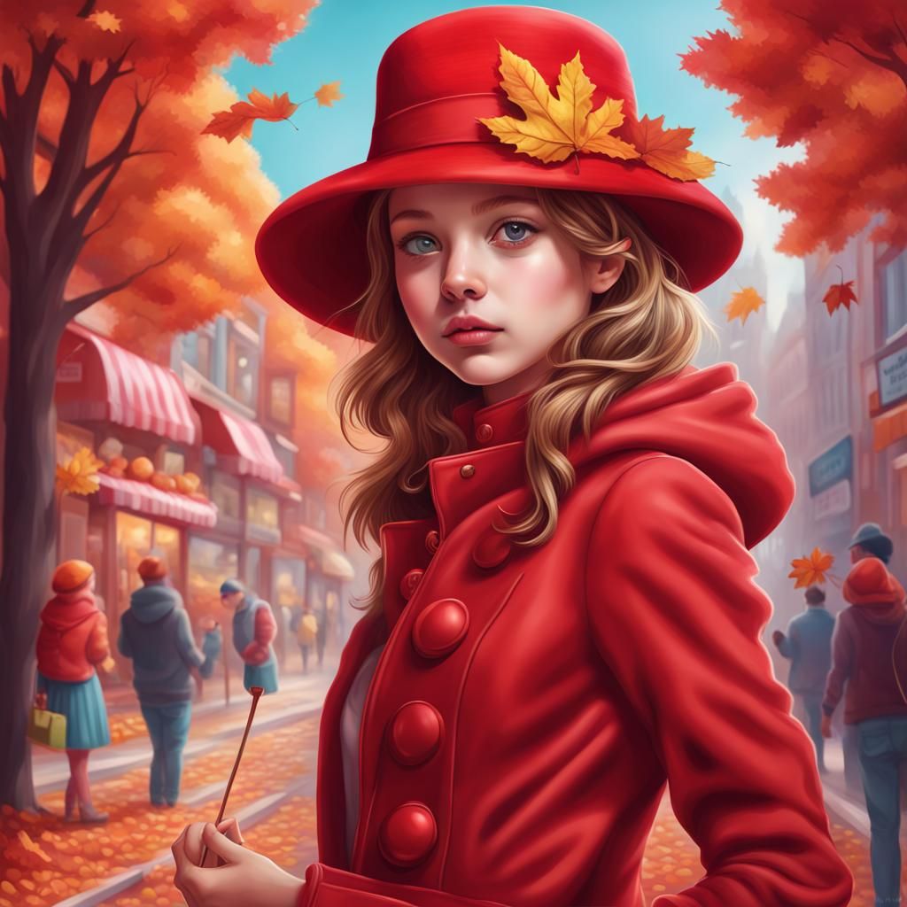 Girl in Red Autumn Hat: Candy Art Illustration