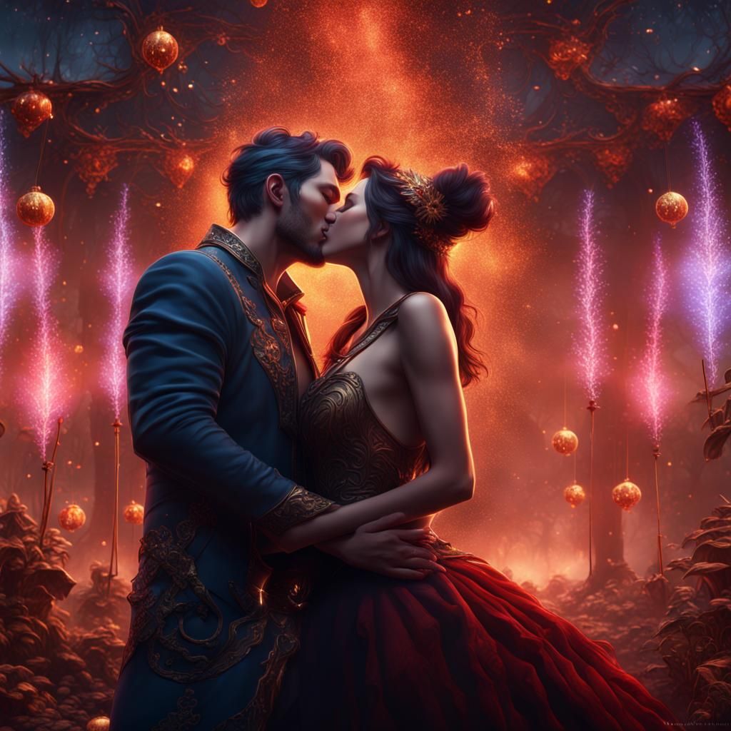 Passionate New Year Kiss in Detailed Fantasy Art