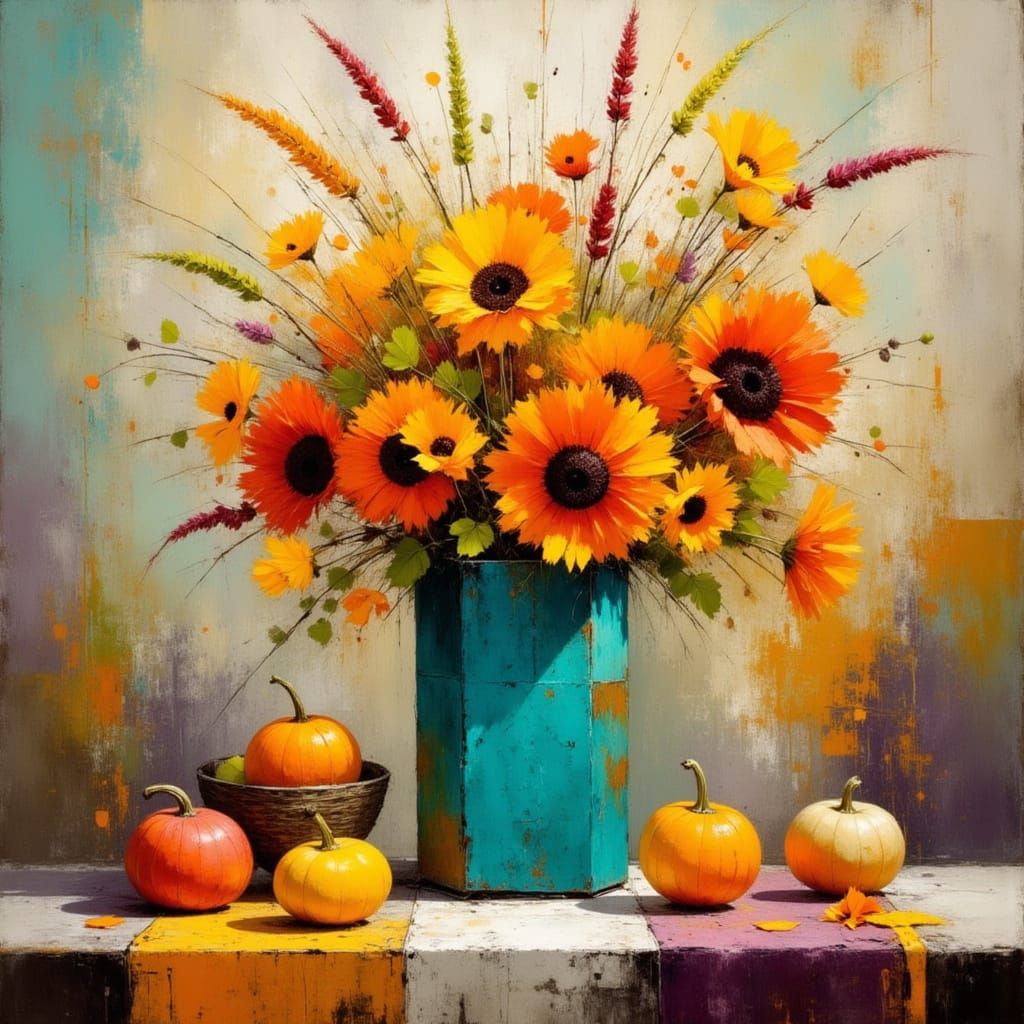 Vibrant Autumn Still Life Painting with Sunflowers and Pumpk...