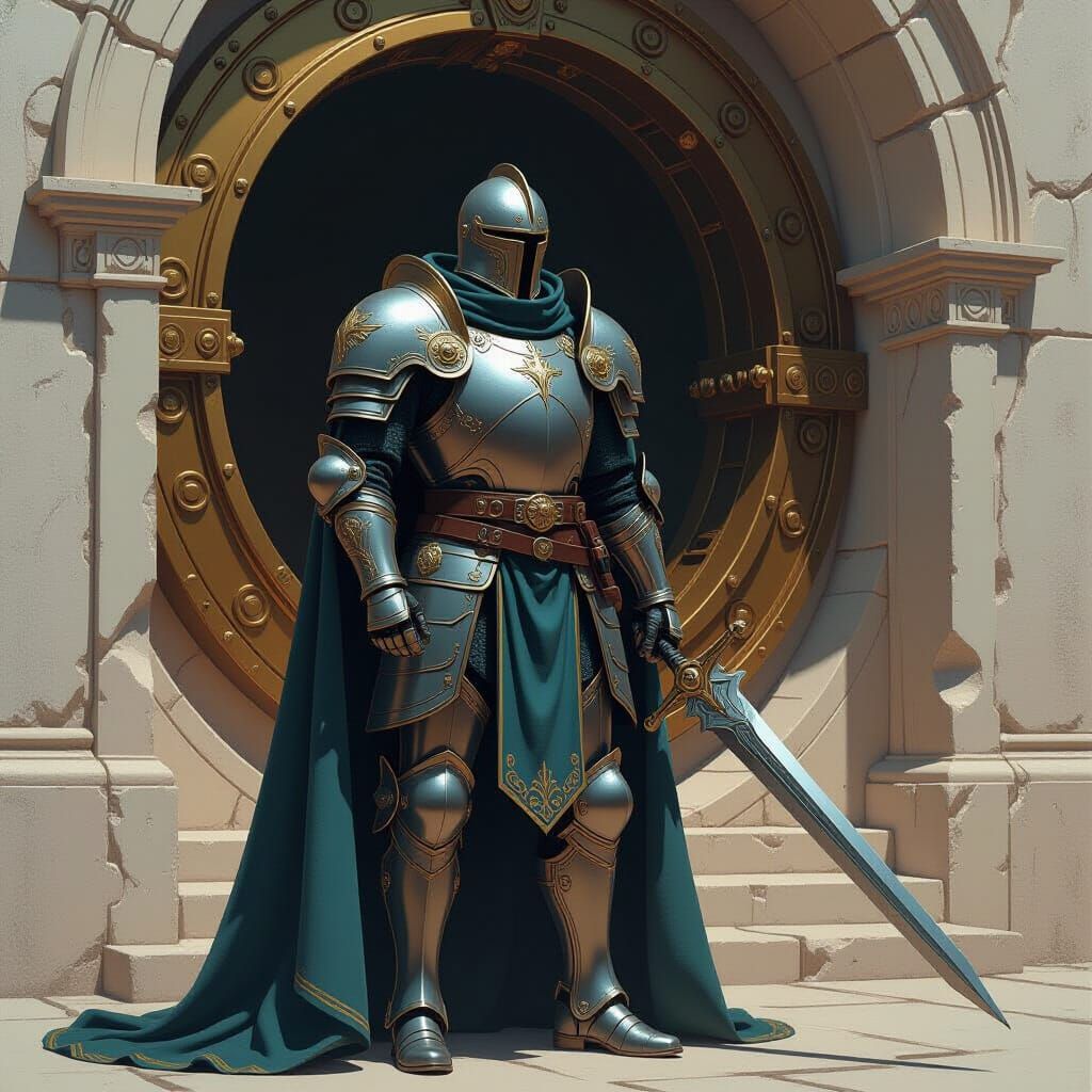 Magic Knight Guarding Vaults in Futuristic Realism Style