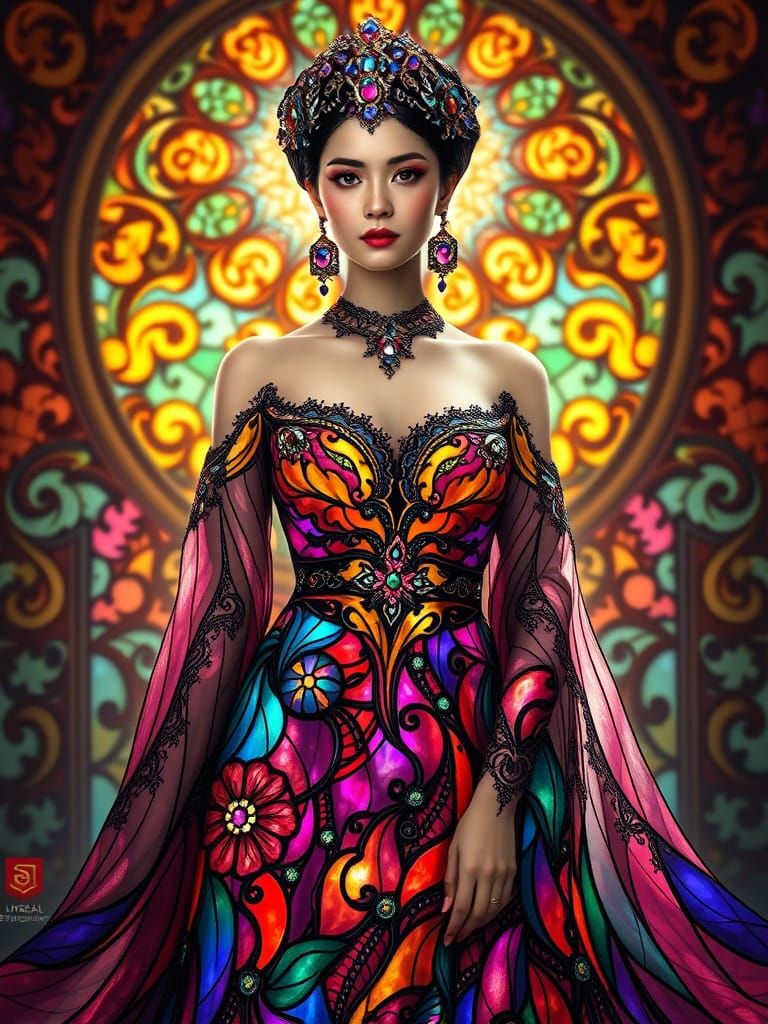 Ethereal Stained Glass Goddess in Art Nouveau Style