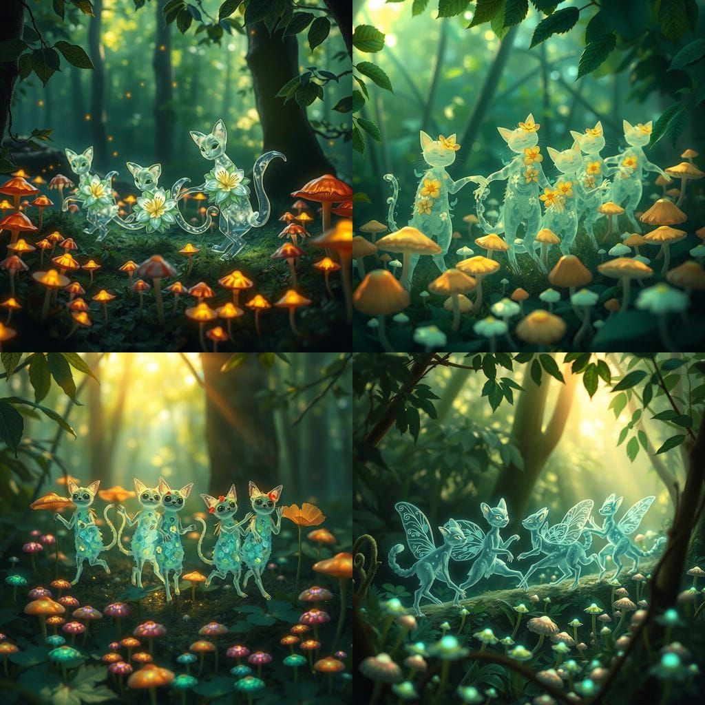 Whimsical Cat Fairies Dance in a Luminous Forest