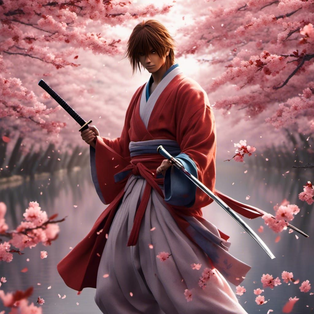 Anime Swordsman in Tokyo with Cherry Blossoms