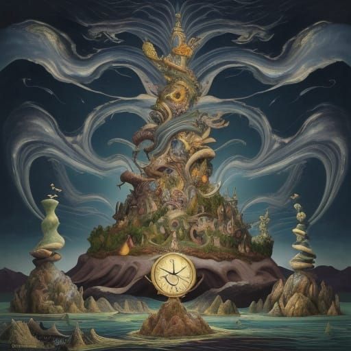 Surrealist Landscape with Floating Cards and Clocks