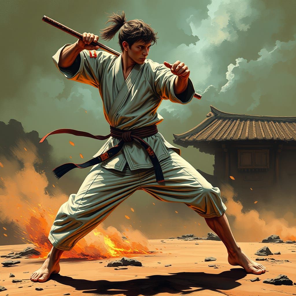Dynamic Karateka Fight Scene in Fantasy Art Style