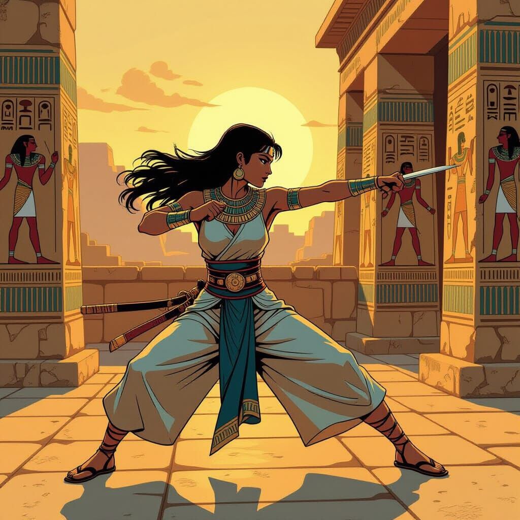 Egyptian Warrior Kata on Temple Rooftop Comic Style