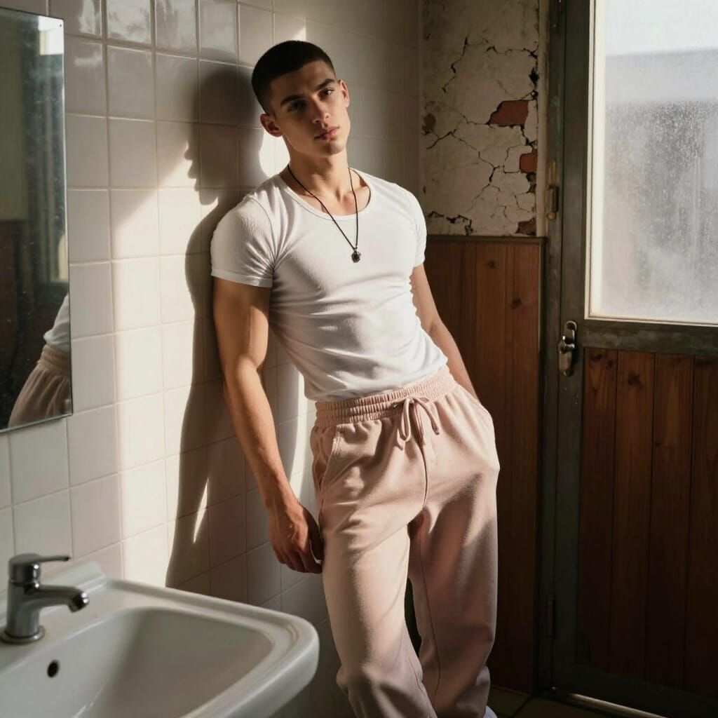 Muscular Young Man in Sunlit Restroom