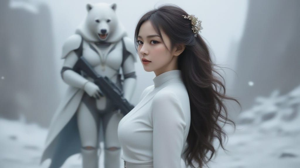 Cyberpunk Female Warrior: Serene Silence in Ruins