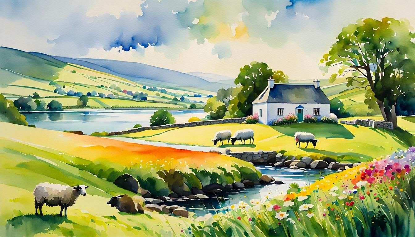 Sunny Irish Landscape Watercolor Painting
