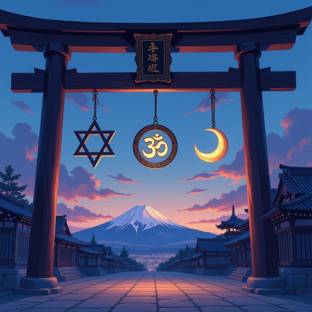 Diverse Religious Symbols on Ancient Shinto Sign at Twilight