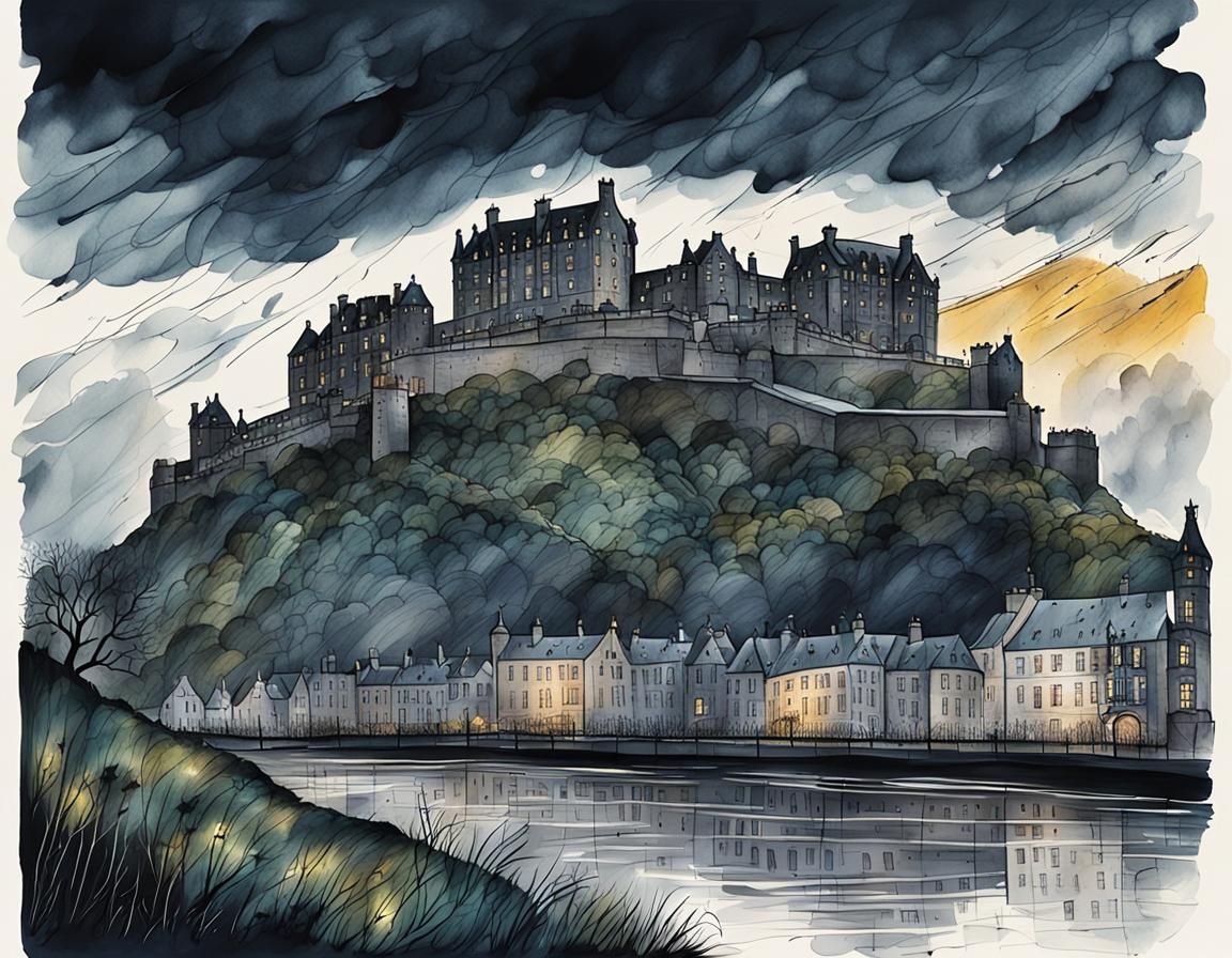 Whimsical Edinburgh Castle Landscape in Pen and Ink Style