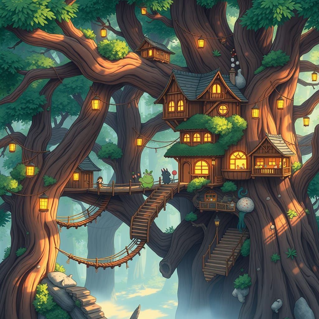 Magical Treehouse Village in Ghibli Style