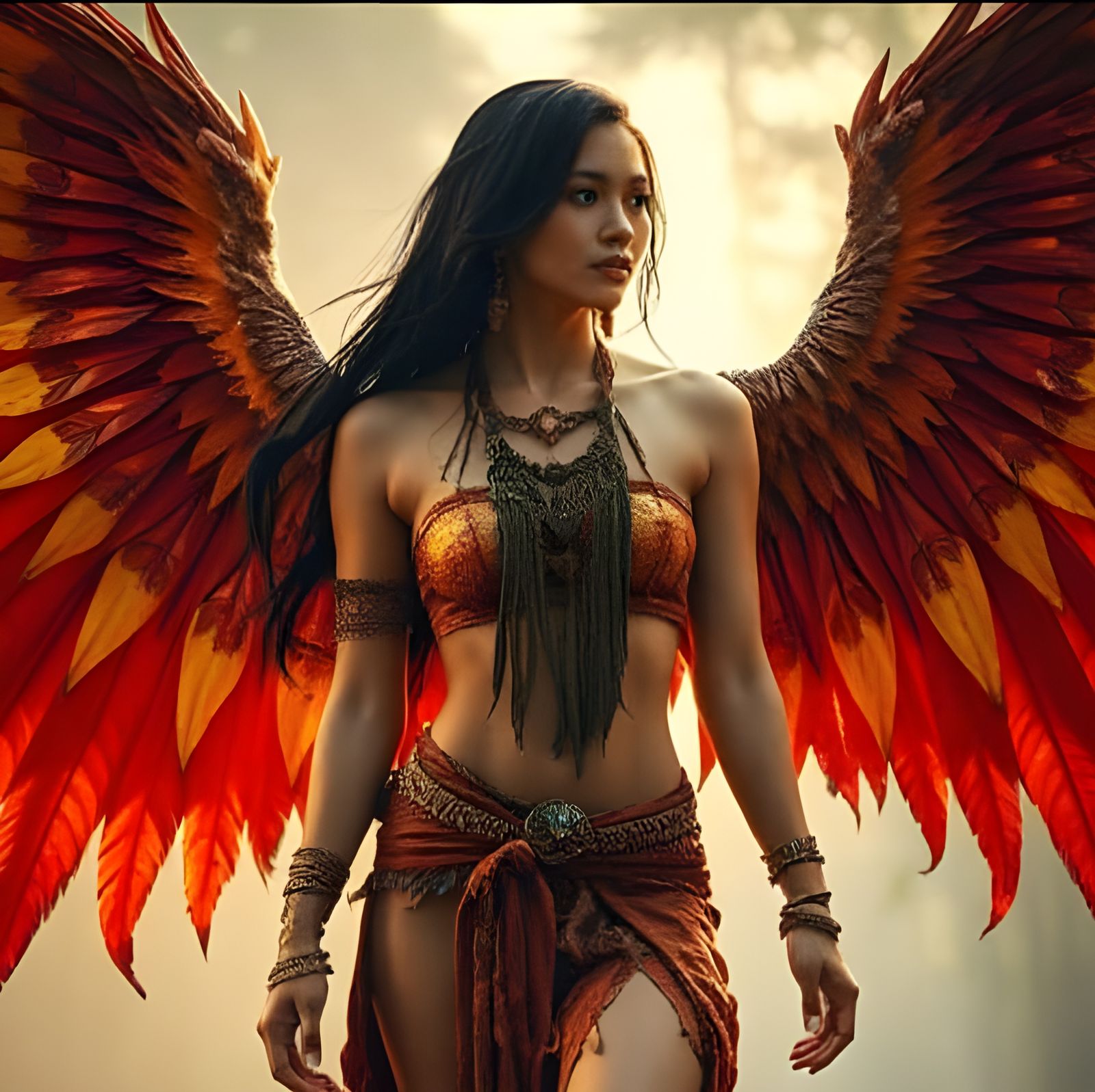 Sensual Winged Warrior in Misty Bamboo Forest