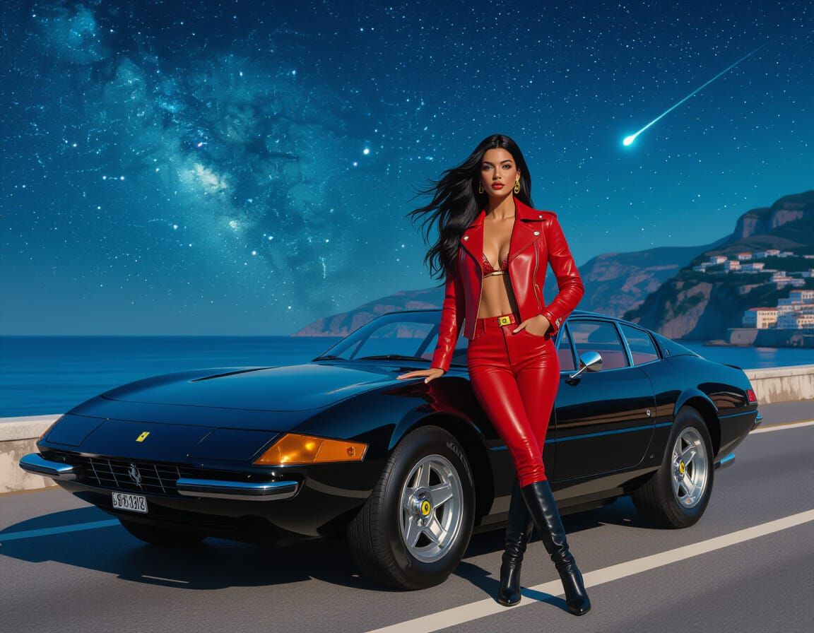 Italian Woman Leaning on Ferrari, Retro Style