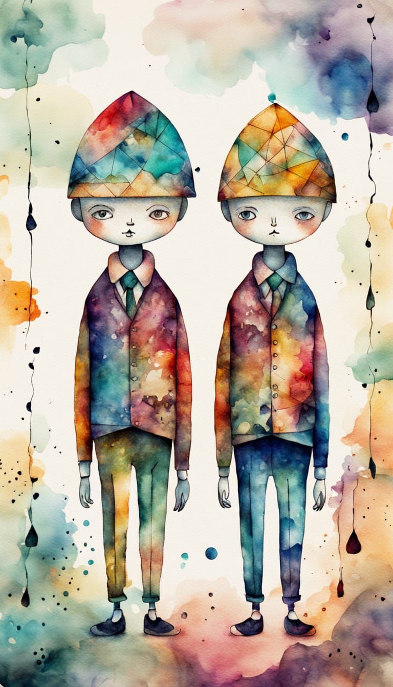 Whimsical Ink Dolls with Vibrant Watercolor Textures