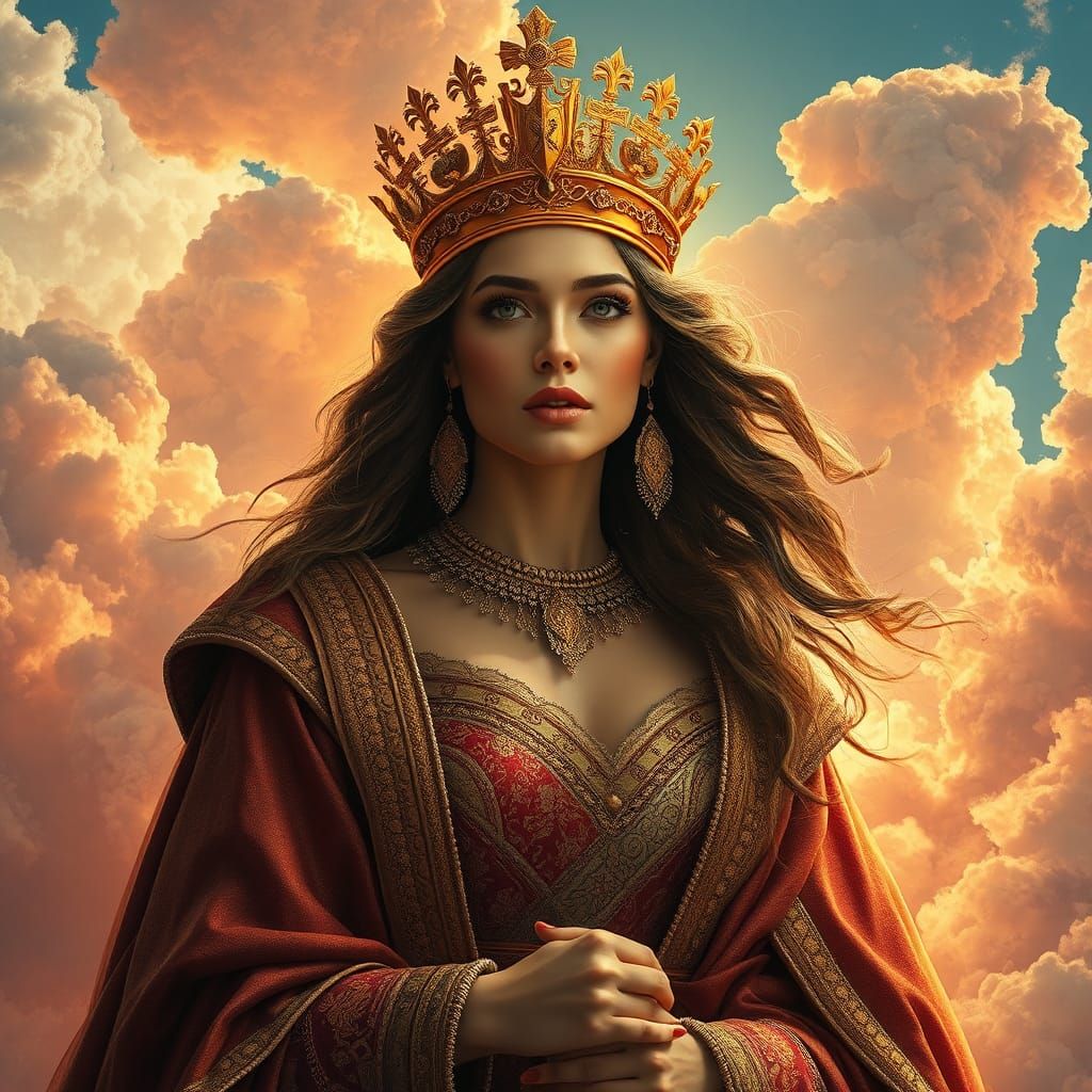 Regal Woman with Golden Crown in Dramatic Lighting