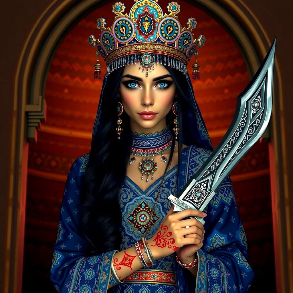 Arabic Beauty Guarding with Khanjar in Ancient Bedouin Tent