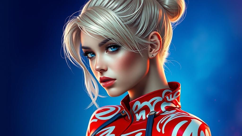 Blonde Woman in Red Bodysuit, Futuristic Portrait