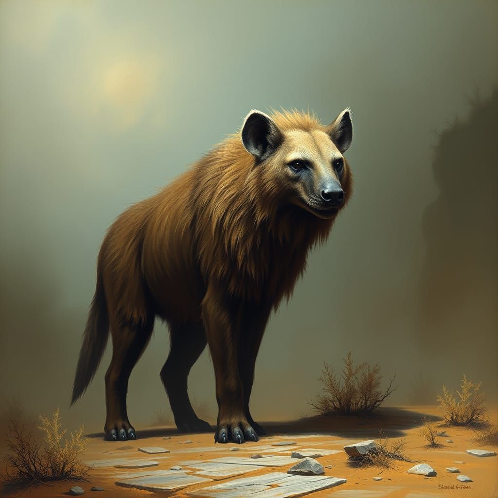 Giant Prehistoric Hyena in Primordial Landscape
