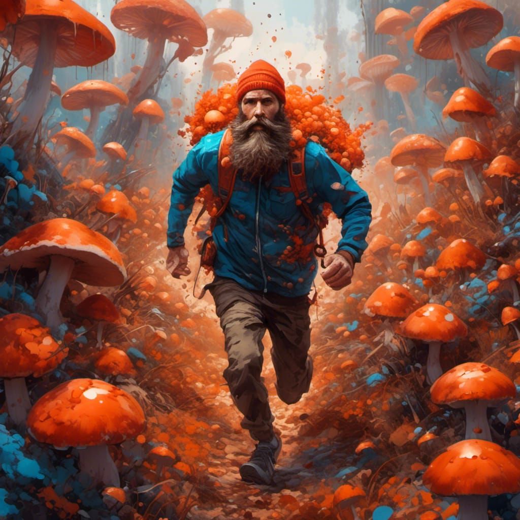 Bearded Man Runs Through Mushroom Field in Graffiti Art