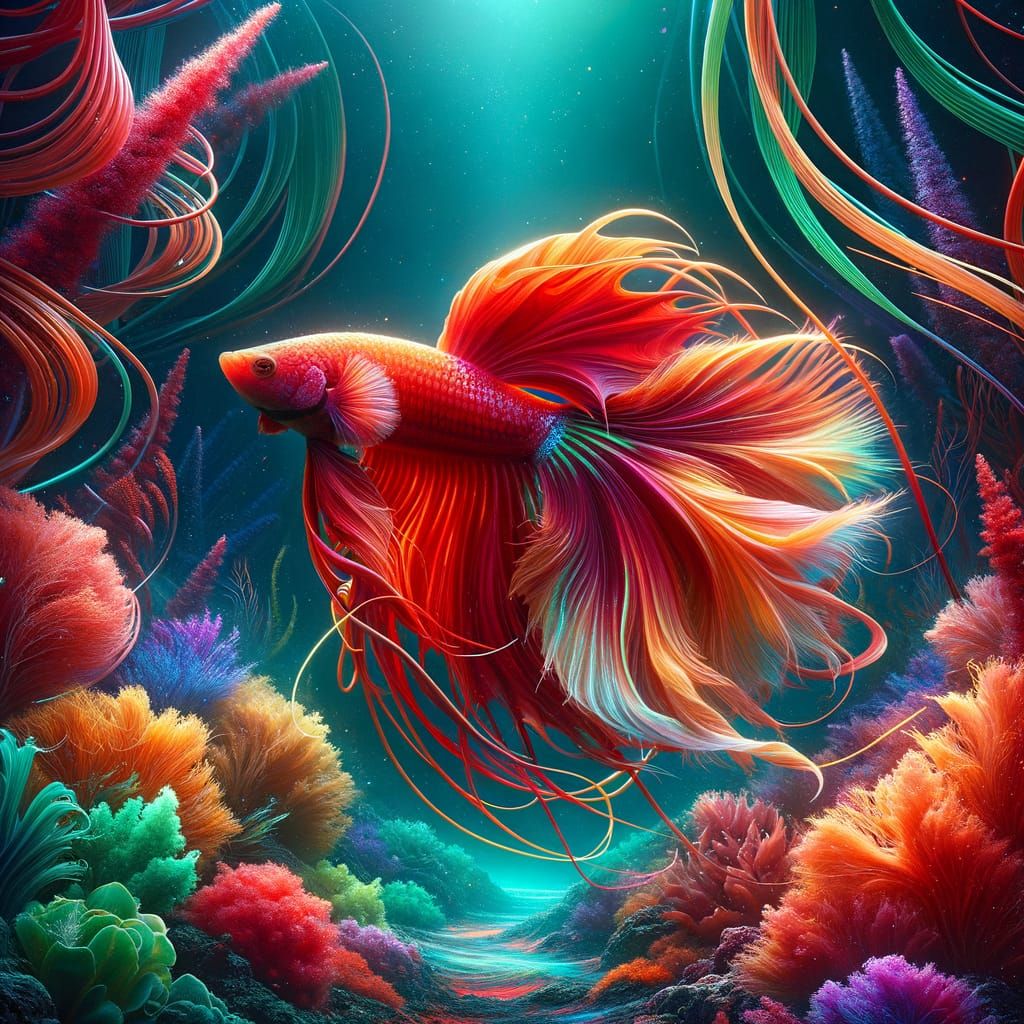 Vibrant Red Betta Fish in Thriving Coral Reef