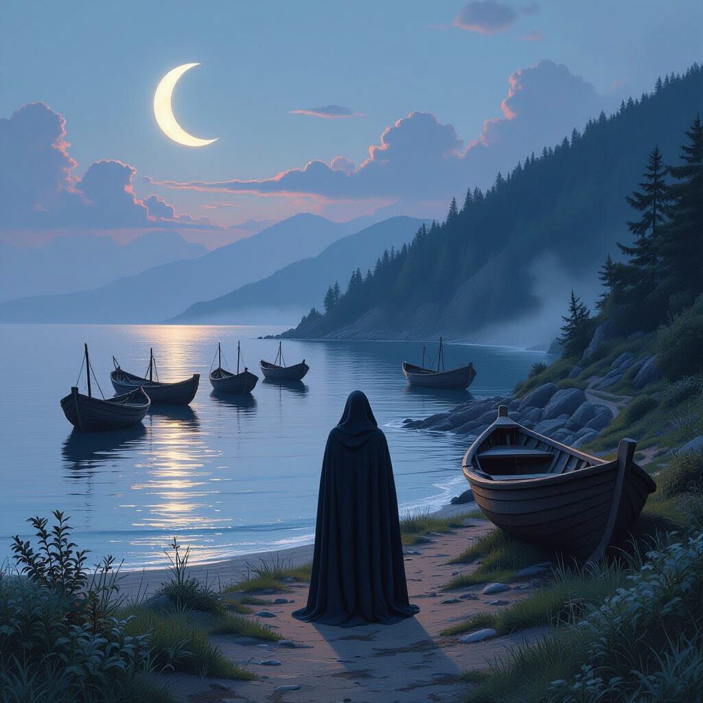 Twilight Shoreline with Vessels in Fantasy Concept Art Style