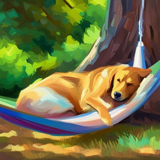 Dog in Hammock: Impressionistic Oil Painting