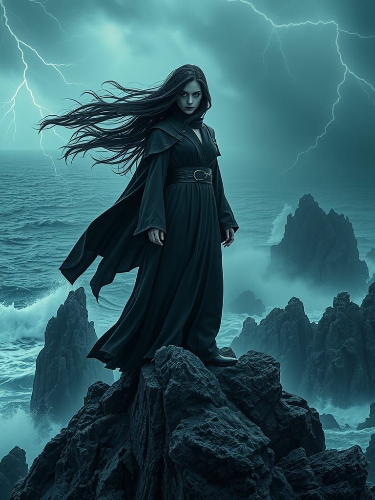 Sorceress on Windswept Cliff in Cinematic Style