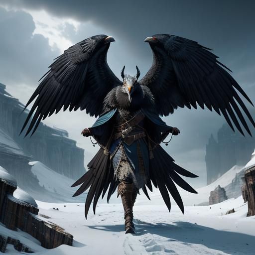 Epic Bird Humanoid in Winter Landscape