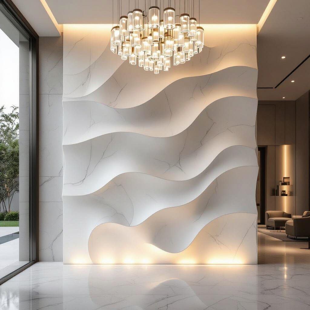Hyper-Realistic Marble Wave Wall at Modern Villa Entrance
