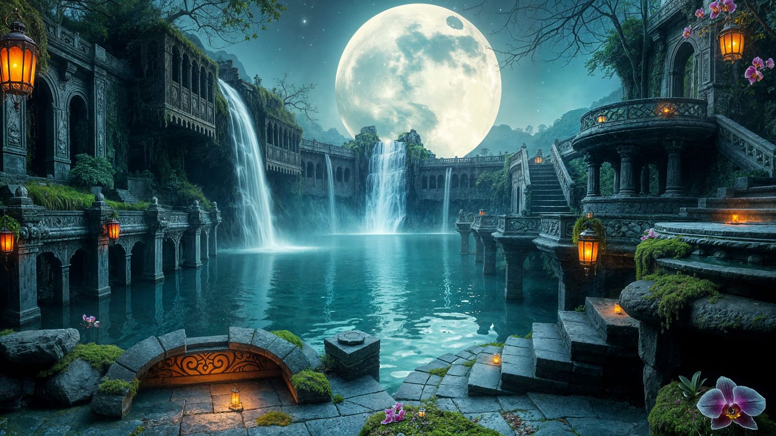 Moonlit Jungle Waterfall Ruins with Starry Mirror Lake