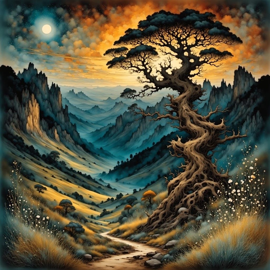 Ancient Tree in Wild Night Landscape, Inspired by Great Amer...