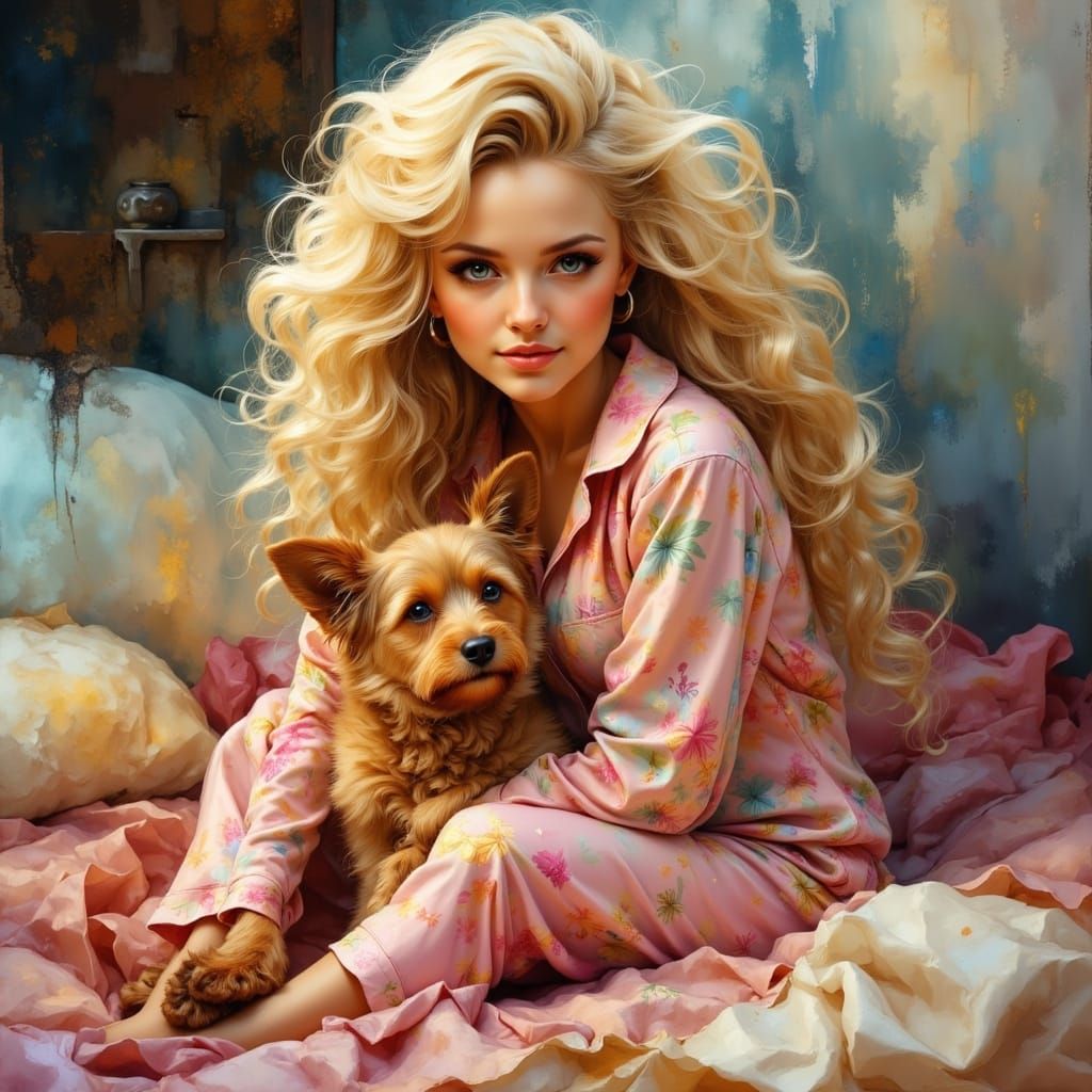 Cartoon Dolly Parton in Pajamas with Dog