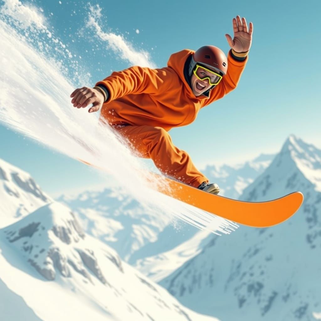 Snowboarder Mid-Air Twist Against Mountain Backdrop