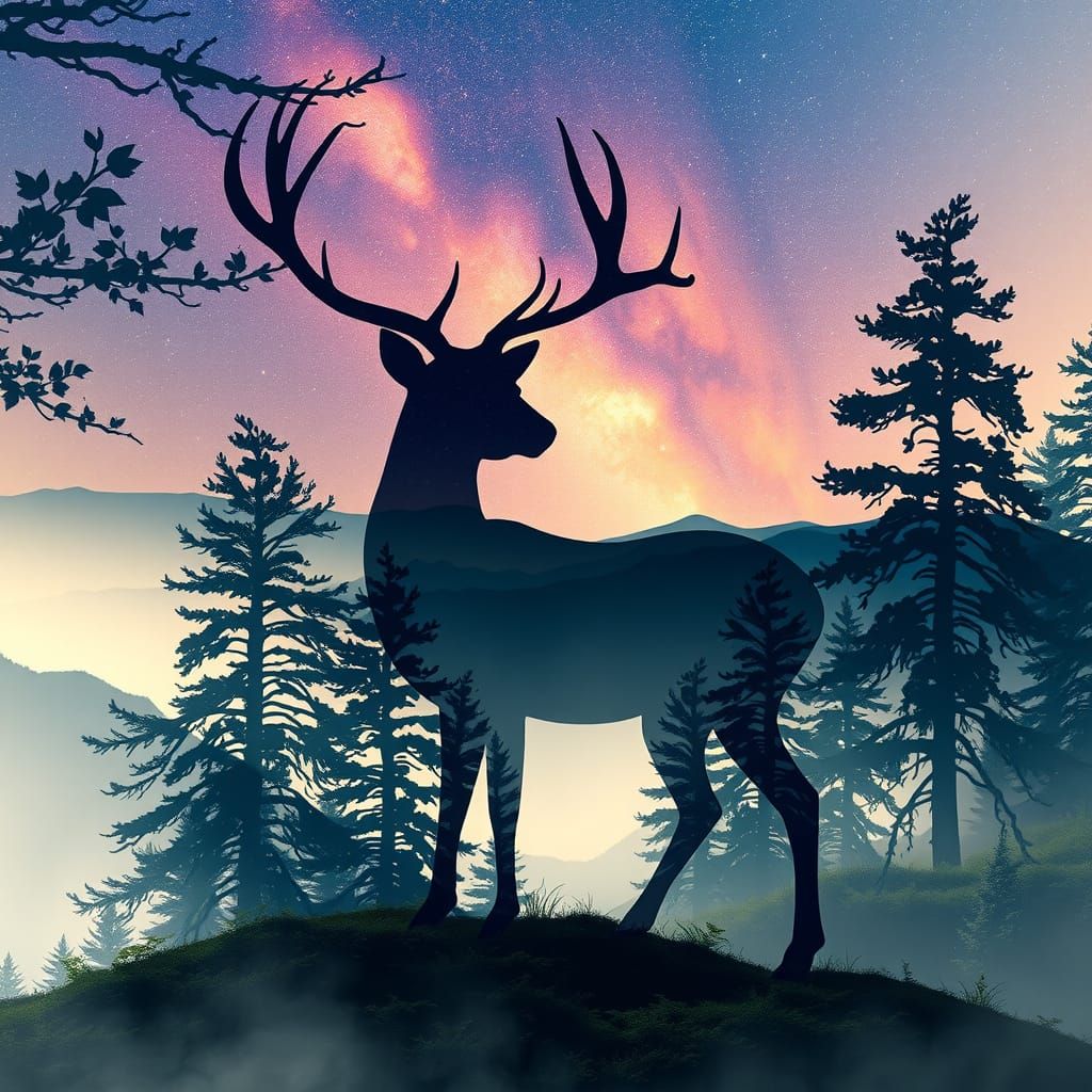 Cosmic Stag Silhouette in Twilight Forest