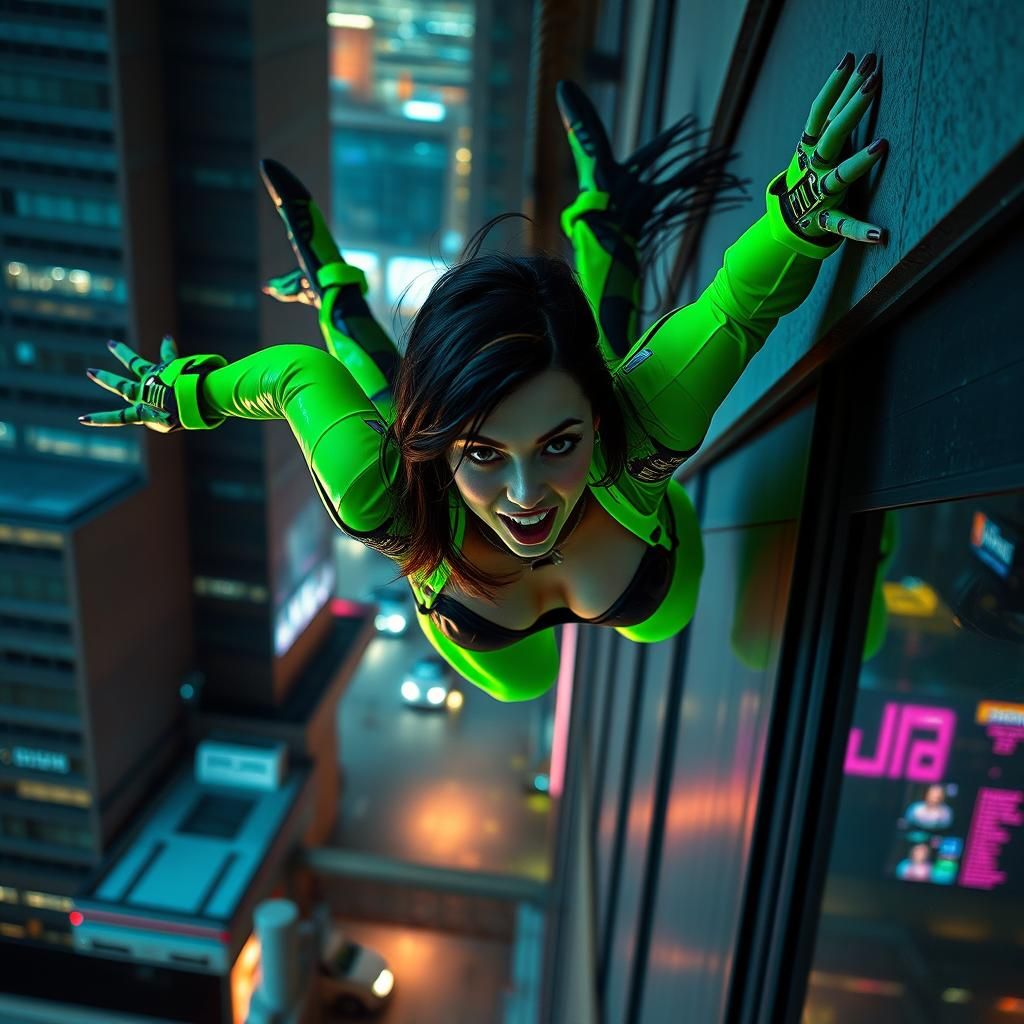 Cyberpunk Woman Rappels Down Building in Neon