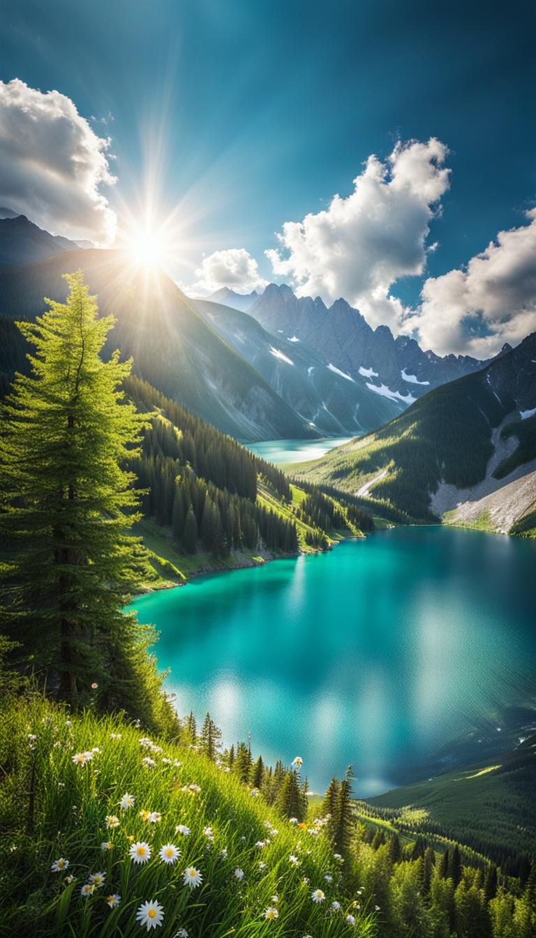 Azure Lake in the Alps Under Sunny Sky