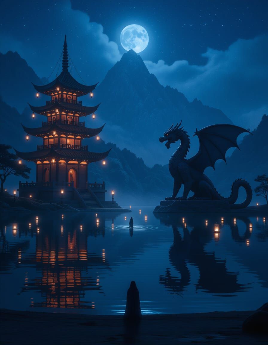 Mysterious Pagoda Reflected in Misty Lake with Stone Dragon