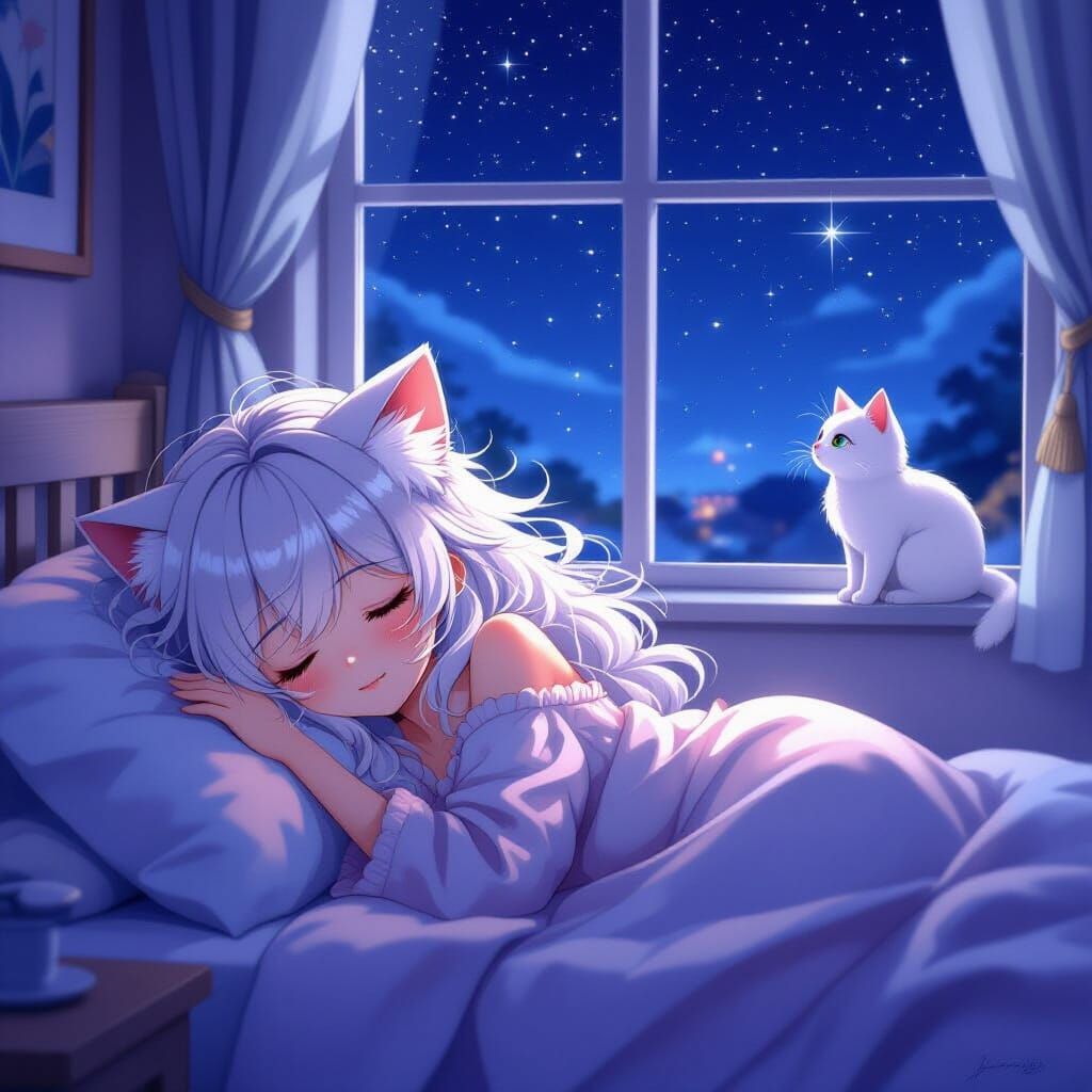 Anime Girl with Cat Gazing at Stars
