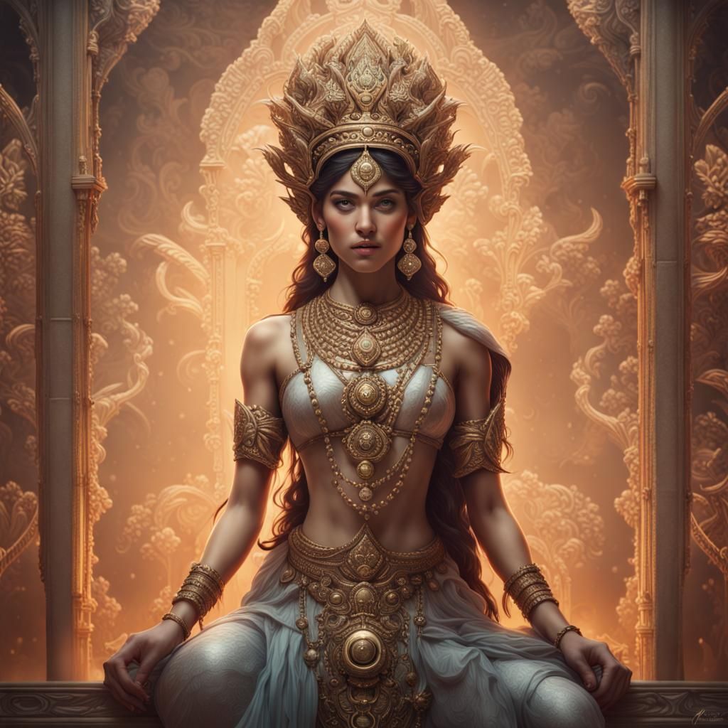 Robotic Goddess Parvati with Royal Crown, Hyperrealistic Art