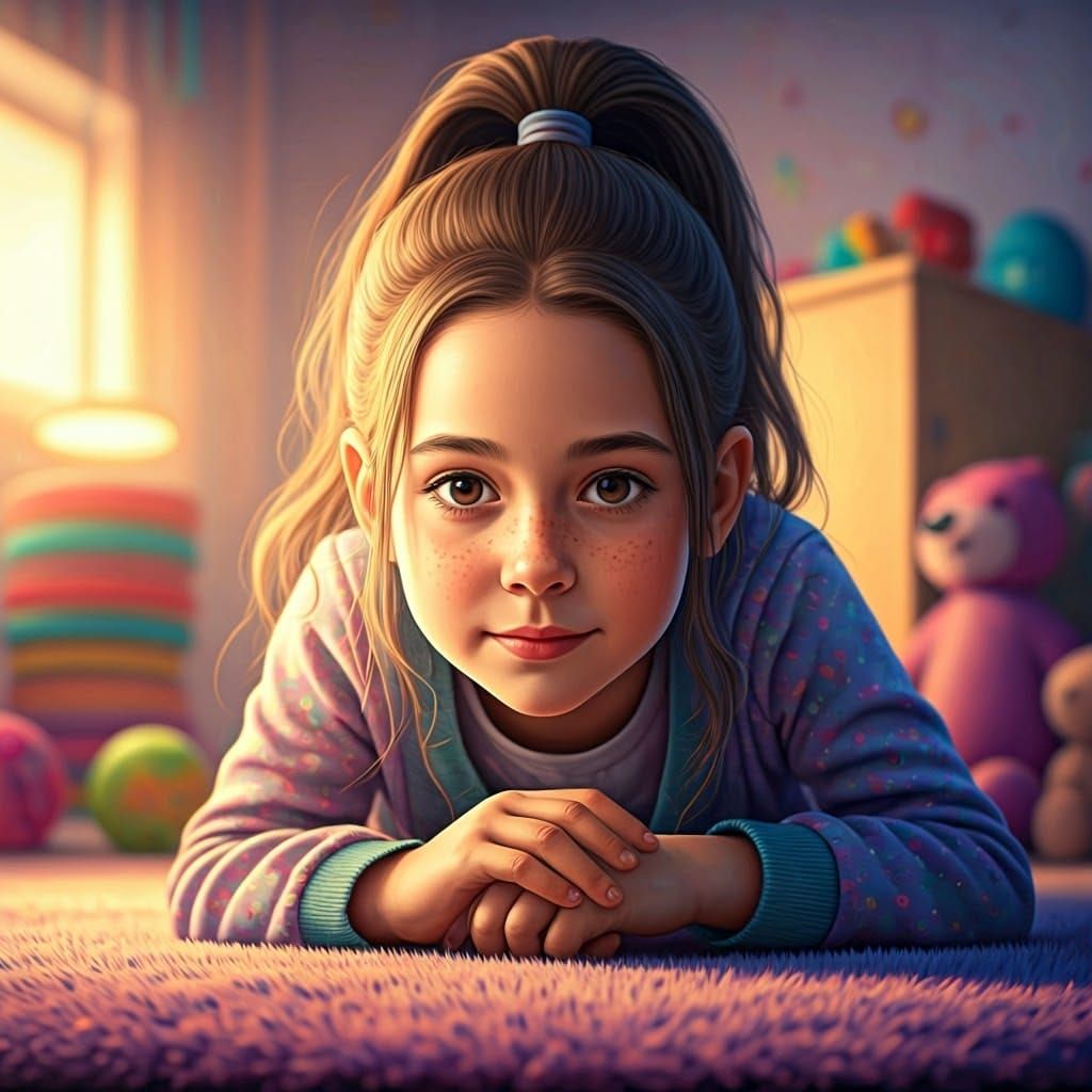 Girl Lies on Rug in Vibrant, Hyperrealistic Room