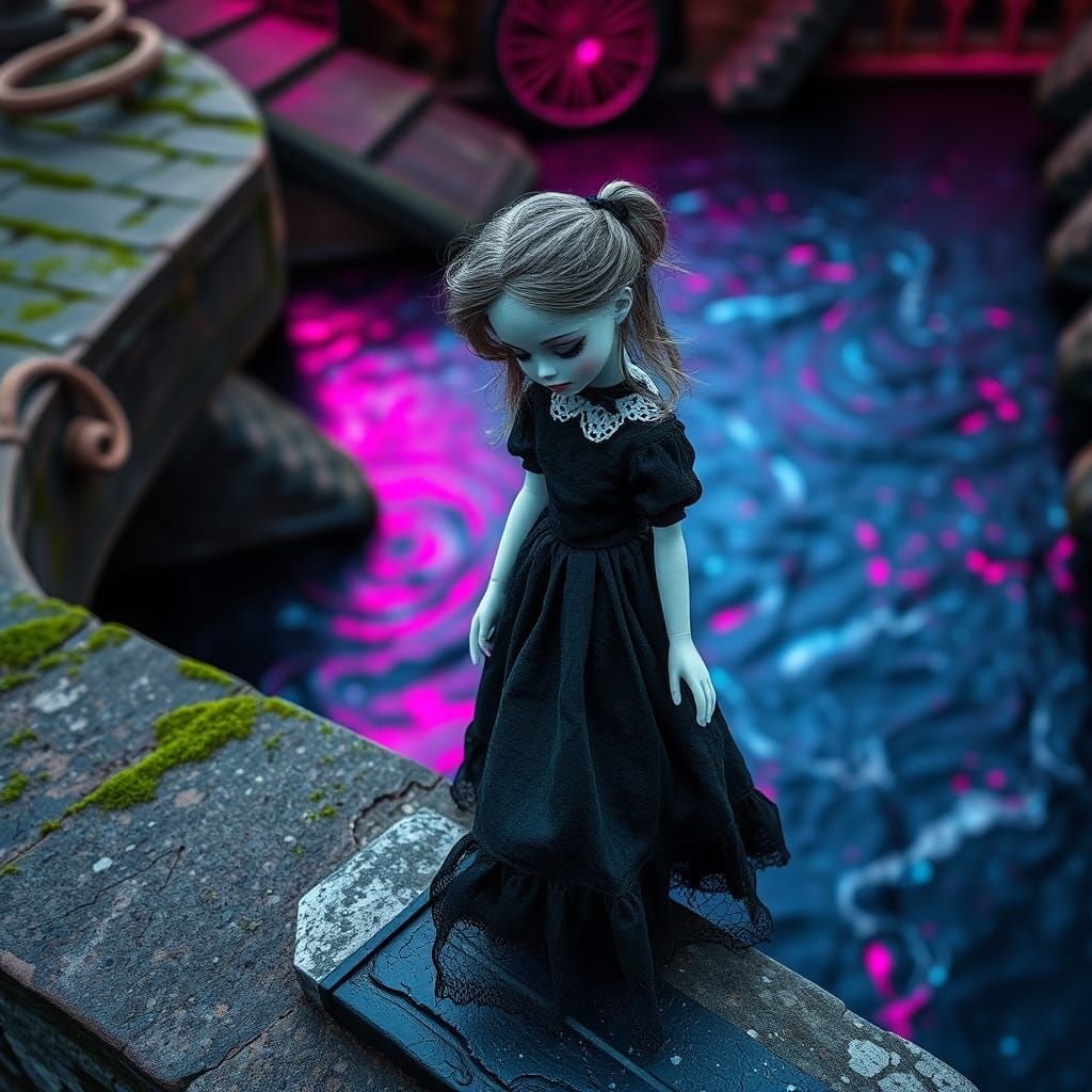 Goth Doll Contemplates Dark River from Ancient Bridge
