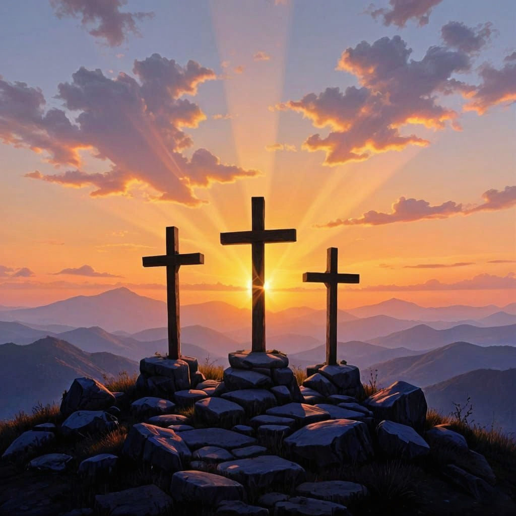 Dawn Breaks Over Three Crosses in Oil Painting Style